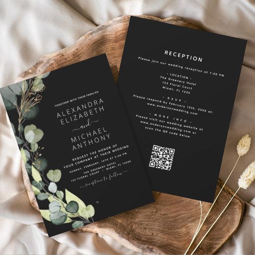 All in One Eucalyptus QR Code Black Wedding Invitation