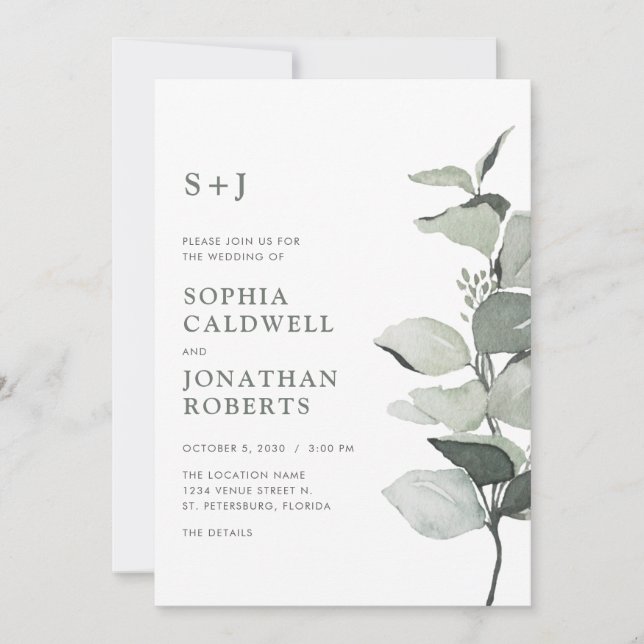 All in One Eucalyptus QR Code RSVP Sage Wedding Invitation (Front)