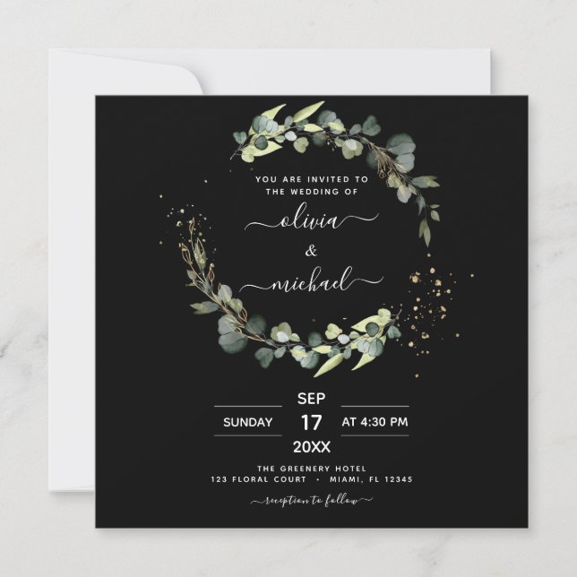 All in One Eucalyptus Rustic Black Wedding Invitation (Front)
