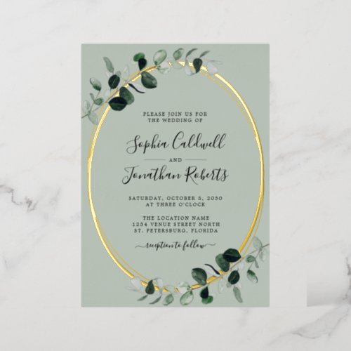 All in One Eucalyptus Sage Gold Oval Wedding Foil Invitation
