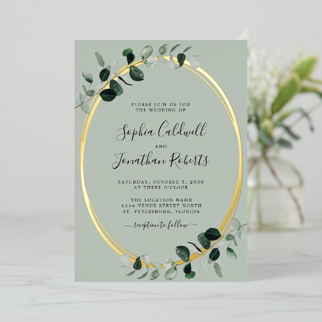 All in One Eucalyptus Sage Gold Oval Wedding Foil Invitation (Standing Front)