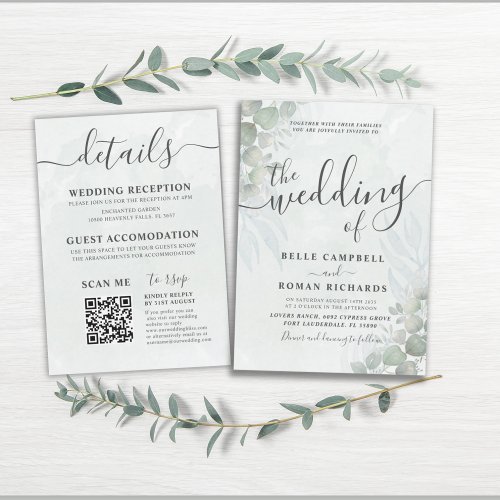 All_In_One Eucalyptus Sage Green Wedding  Invitation