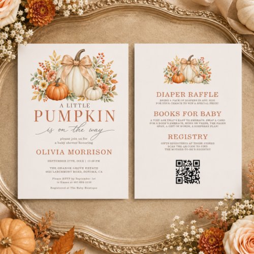 Fall Bow Little Pumpkin All-in-One Baby Shower Invitation, All-in-One · Orange