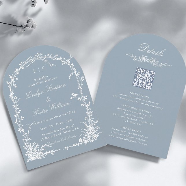 All in One Floral Arch Garden Wedding Dusty Blue Invitation (Front & Back)