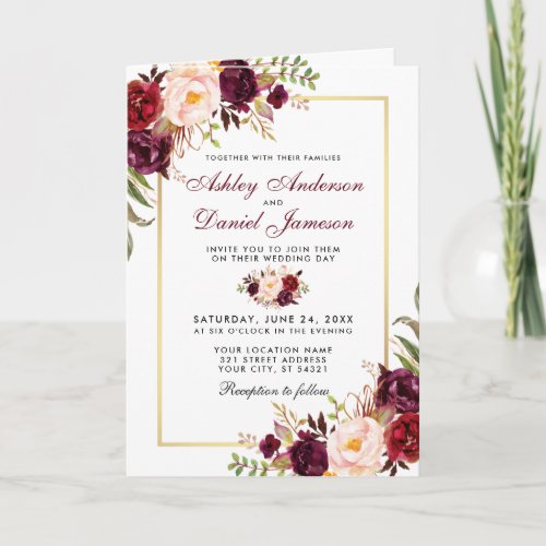 All In One Floral Burgundy Wedding Photo Invite