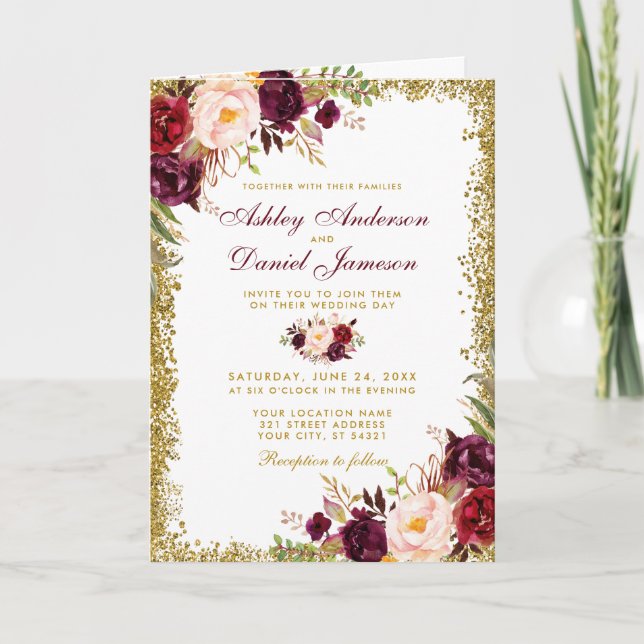 All In One Floral Glitter Wedding Photo Invitation (Front)