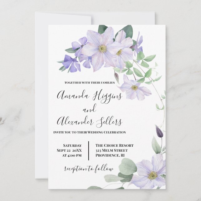  All in one Floral Lilac clematis wedding Invitation (Front)