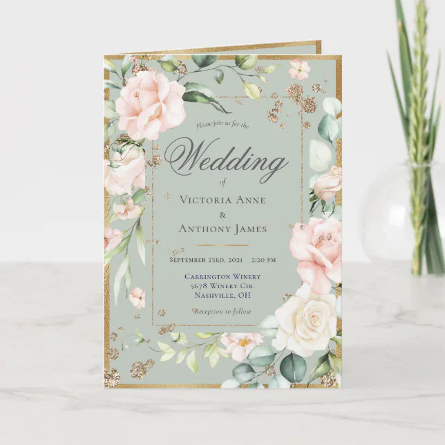 All-in-One Floral Sage Green Elegant Wedding Invitation | Zazzle