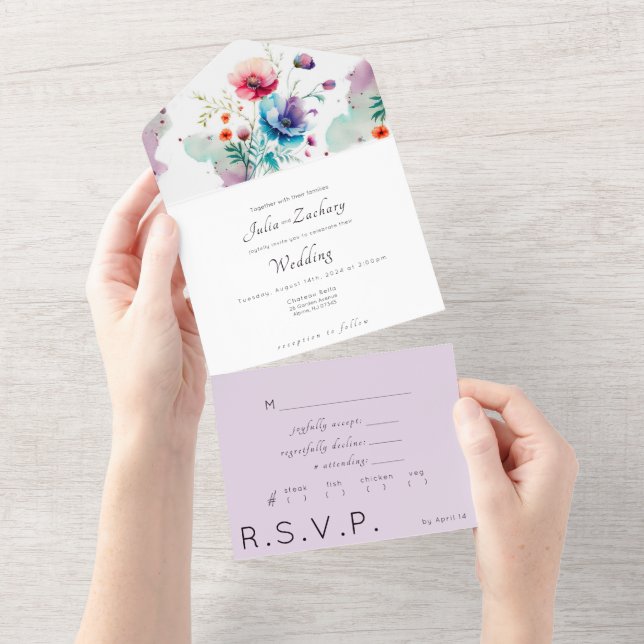 All in One Floral Watercolor Wedding Invite (Tearaway)