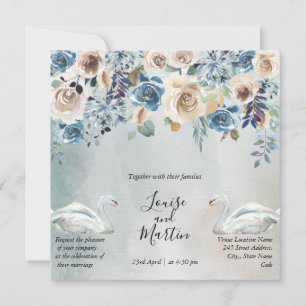 All in one, floral watercolor with white swans i invitation