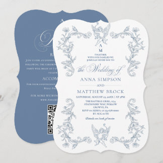 All in One French Blue Floral Ornate Wedding Invitation