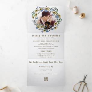 All in One French Blue Gray Floral Wreath Wedding Tri-Fold Invitation