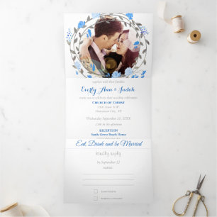 All in One French Blue Gray Floral Wreath Wedding Tri-Fold Invitation