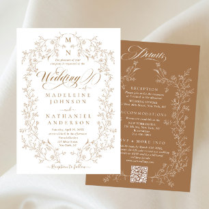 All In One French Floral Frame Golden Wedding Invitation