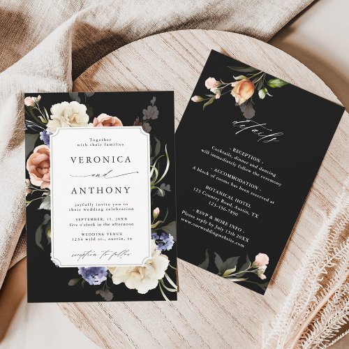 All In One Garden Floral Frame Wedding Black Invitation