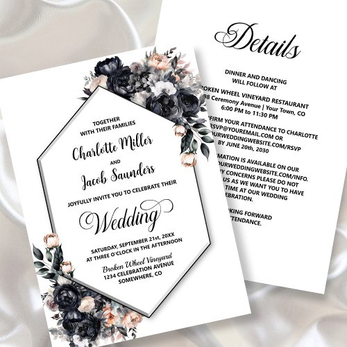 All In One Geometric Smokey Black Floral Wedding Invitation