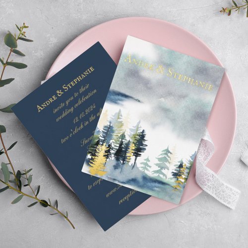 All In One  Gilded Navy Watercolor Forest Wedding Foil Invitation