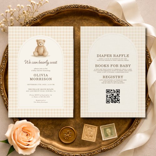 We Can Bearly Wait Neutral Gingham or plaid baby shower invitation