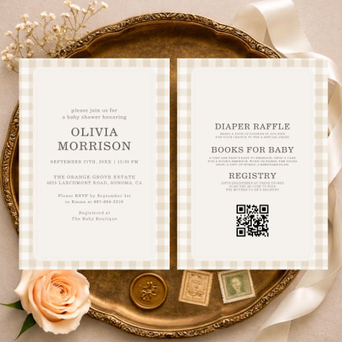All in One Gingham Beige Baby Shower Invitation