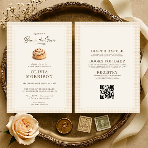 Bun in the Oven Neutral Gingham or plaid baby shower invitation