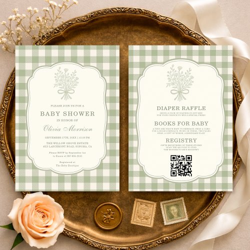 Classic Gingham Sage green Gingham or plaid baby shower invitation