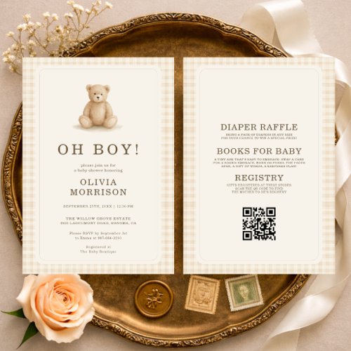 All in One Gingham Teddy Bear Oh Boy Baby Shower Invitation