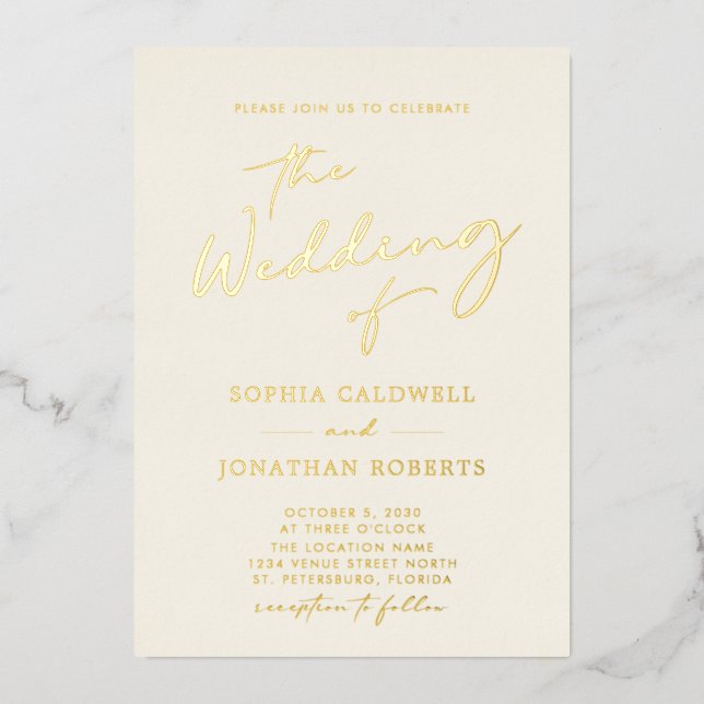 All in One Gold Calligraphy Cream Wedding Foil Invitation (Front)