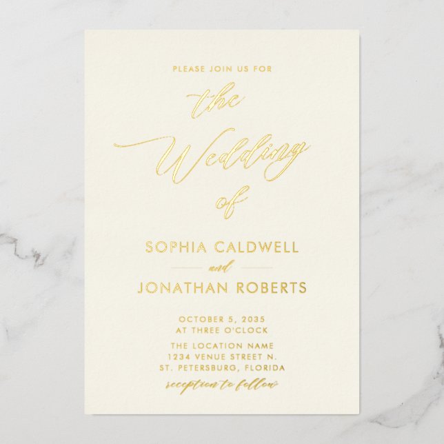 All in One Gold Calligraphy on Cream Wedding Foil Invitation (Front)