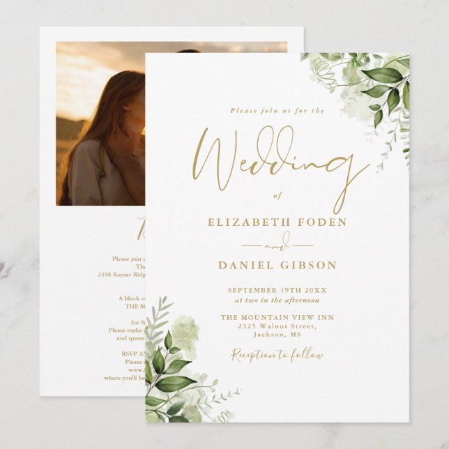 All In One Gold Greenery Floral Photo Wedding Invitation (Front/Back)