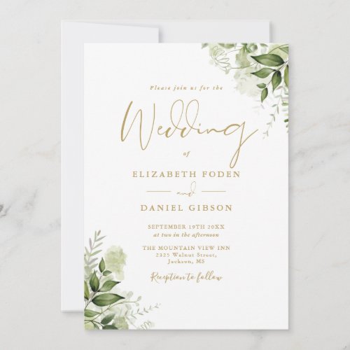 All In One Gold Greenery Floral Wedding Invitation