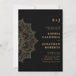 All in One Gold Mandala Monogram Black Wedding Invitation