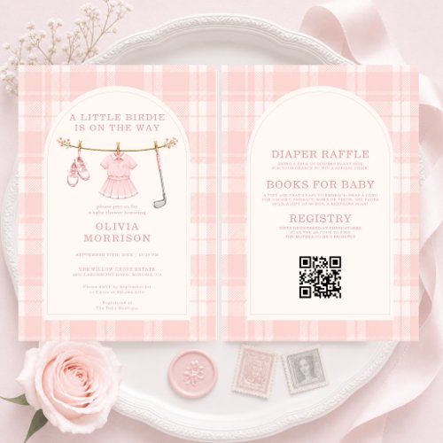 Golf Pink Gingham or plaid baby shower invitation