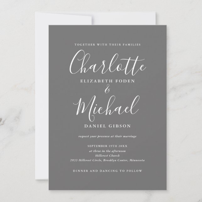 All In One Gray And White Elegant Script Wedding Invitation (Front)