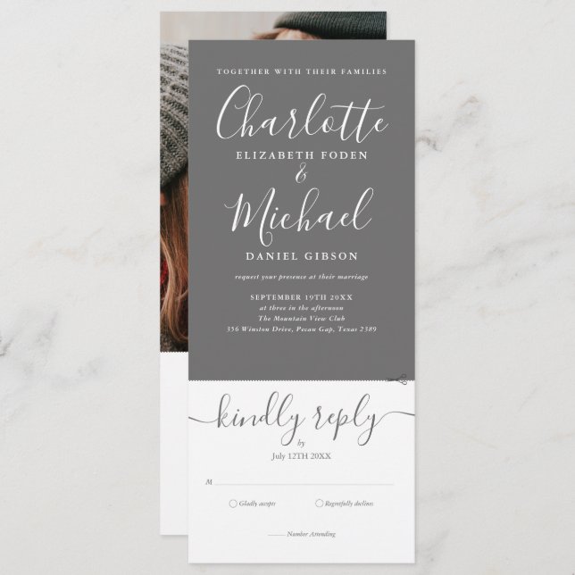 All In One Gray And White Script Photo Wedding Invitation (Front/Back)