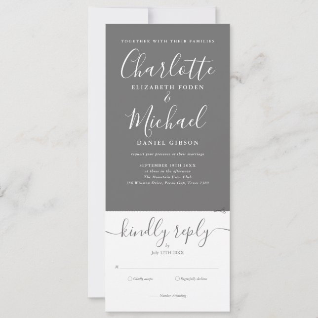 All In One Gray And White Script Wedding Invitation (Front)