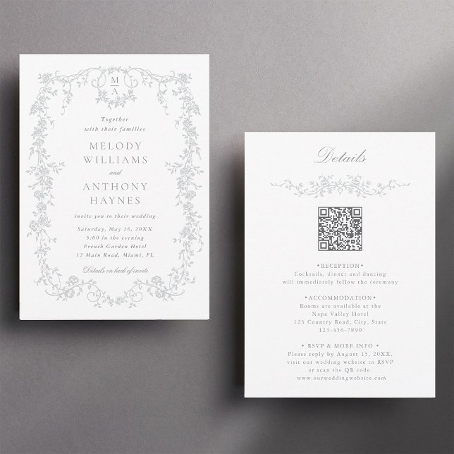 All in One Gray French Floral Wedding  Invitation (Front & Back)