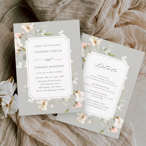 All In One Gray Sage White Elegant Floral Wedding Invitation