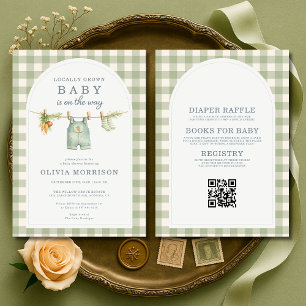 All in One Green Gingham Locally Grown Baby Shower Invitation