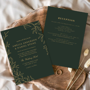 All in One Green Gold Minimal Leaf Wedding  Invitation