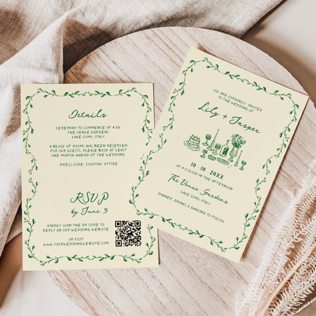 All In One Green Hand Drawn QR Code Wedding Invitation (Creator Uploaded)