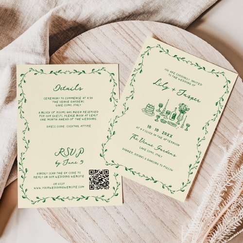 All In One Green Hand Drawn Wedding Invitation