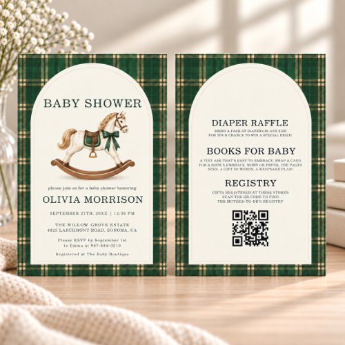 Equestrian Green Gingham or plaid baby shower invitation