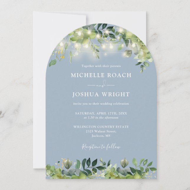 All In One Greenery Arch Lights Dusty Blue Wedding Invitation (Front)