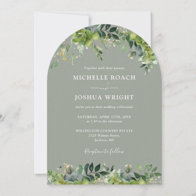 All In One Greenery Floral Arch Sage Green Wedding Invitation (Front)