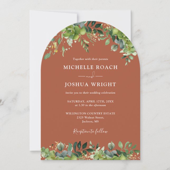 All In One Greenery Floral Arch Terracotta Wedding Invitation (Front)