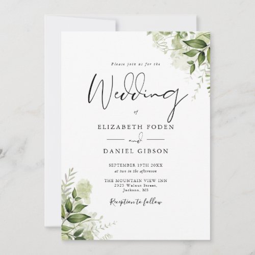 All In One Greenery Floral Script Wedding Invitation