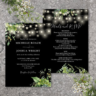 All In One Greenery Lights Black And White Wedding Invitation