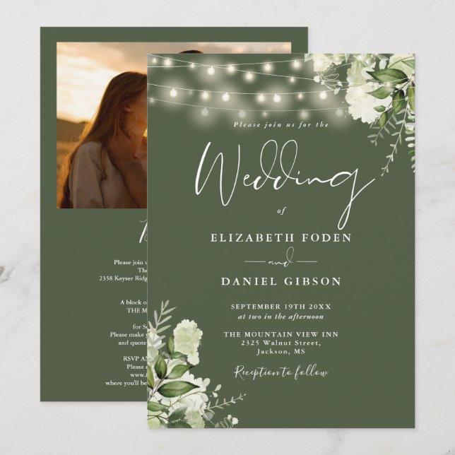 All In One Greenery Lights Photo Olive Wedding Invitation (Front/Back)