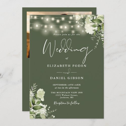 All In One Greenery Lights Photo Olive Wedding Invitation