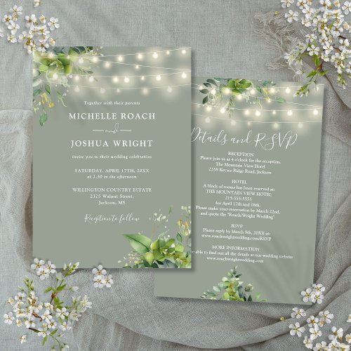 All In One Greenery Lights Sage Green Wedding Invitation